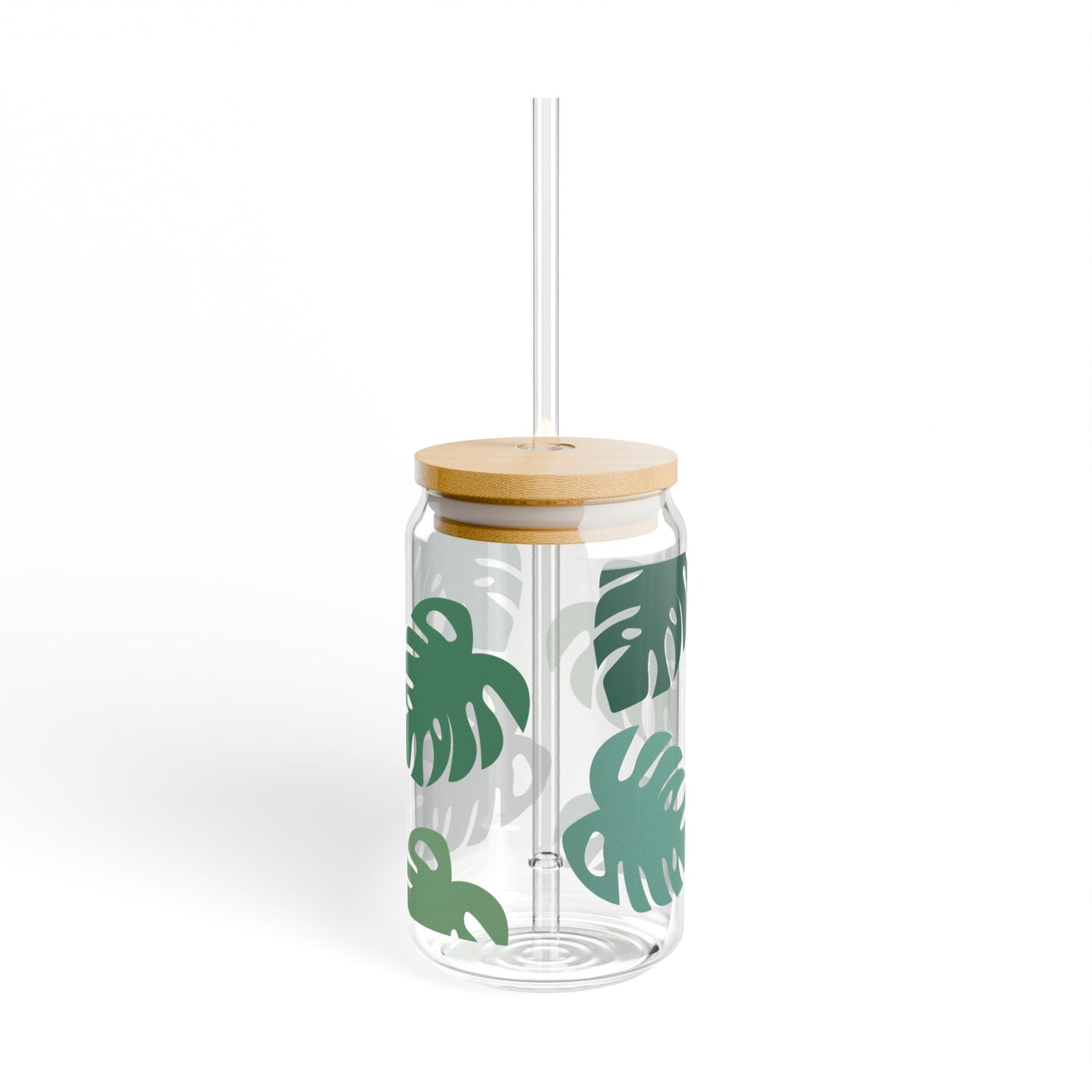 Monstera Leaf Tumbler Sipper Glass 16oz — Reusable Drink Jar with Lid & Straw