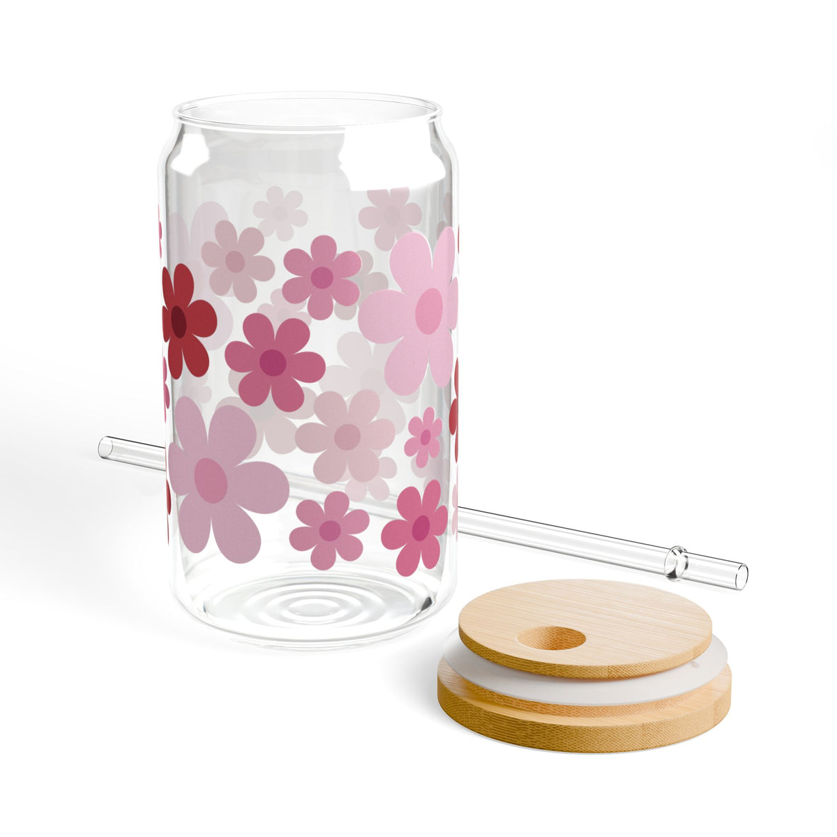 Retro Daisy Heart Bouquet Tumbler Sipper Glass 16oz — Reusable Drink Jar with Lid & Straw - Sydney So Sweet
