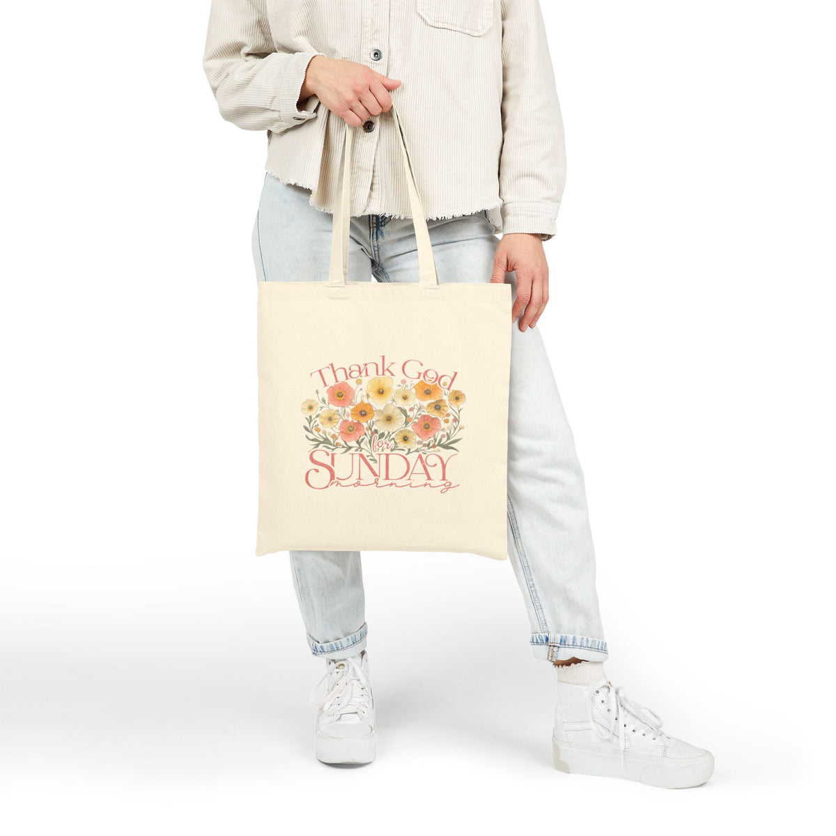 Thank God Sunday Cotton Canvas Floral Church Tote Bag