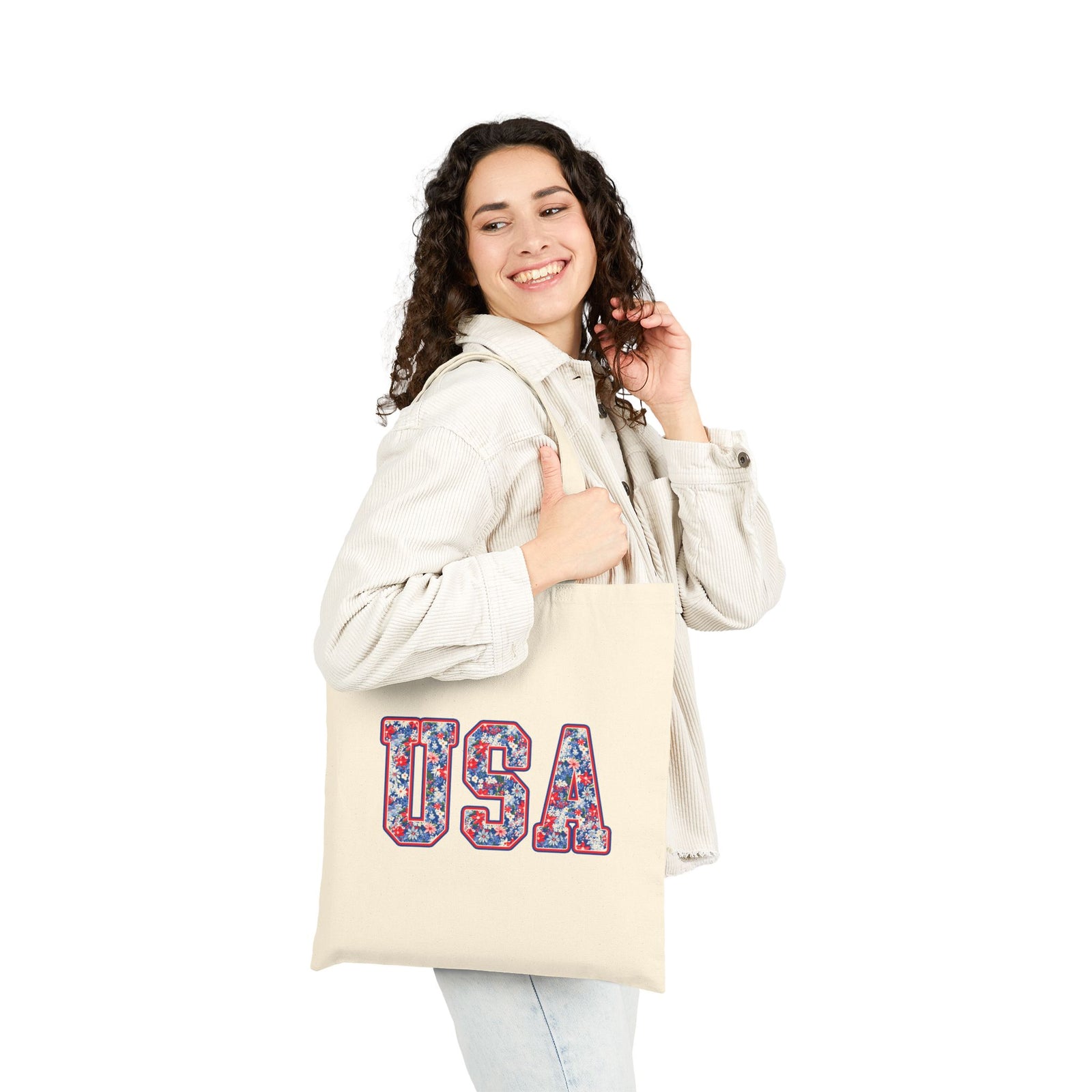 USA Floral Patriotic Cotton Canvas Summer Tote Bag