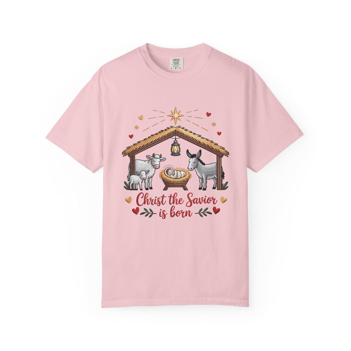 Christ the Savior is Born Faux Embroidery T-Shirt Nativity Scene Graphic Tee