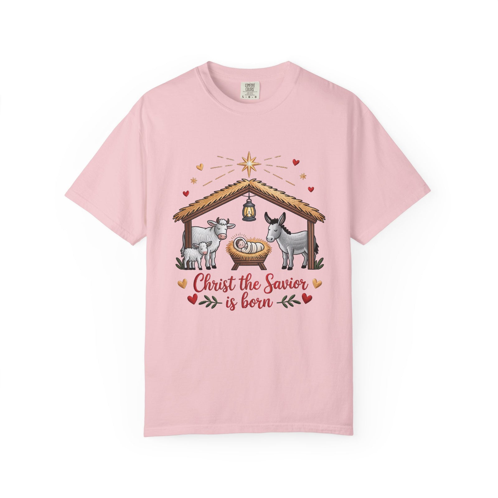 Christ the Savior is Born Faux Embroidery T-Shirt Nativity Scene Graphic Tee