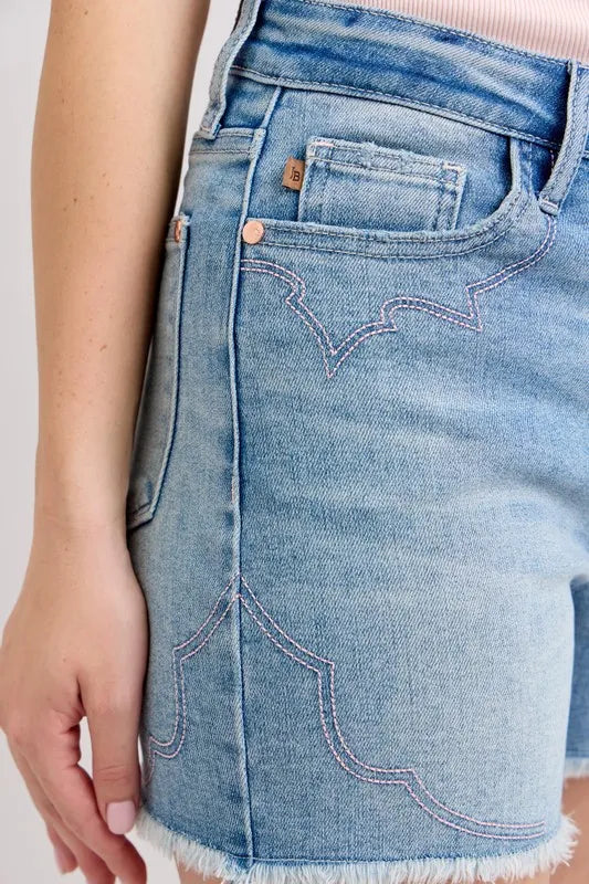 Judy Blue High Waist Western Embroidery Detail Cut Off Denim Shorts - Sydney So Sweet