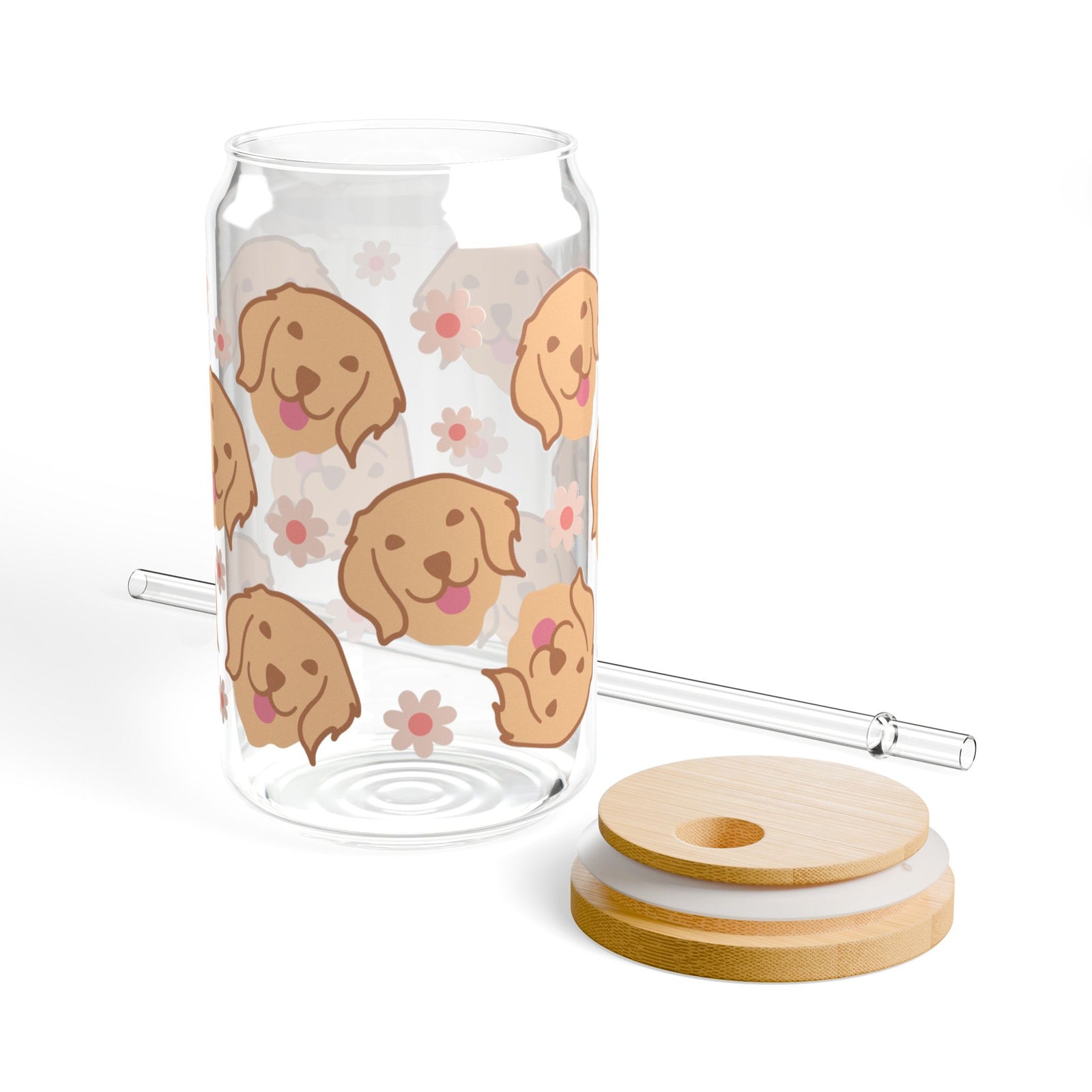 Cute Golden Retriever Sipper Glass 16oz — Reusable Drink Jar with Lid & Straw