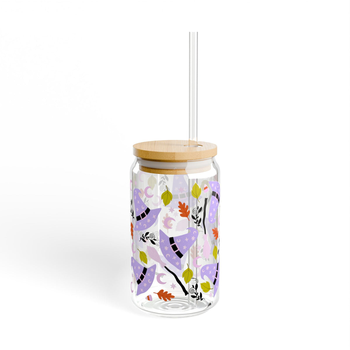 Witchy Lavender Witch Hat & Floral Fall Sipper Glass 16oz Reusable Drink Jar with Lid & Straw