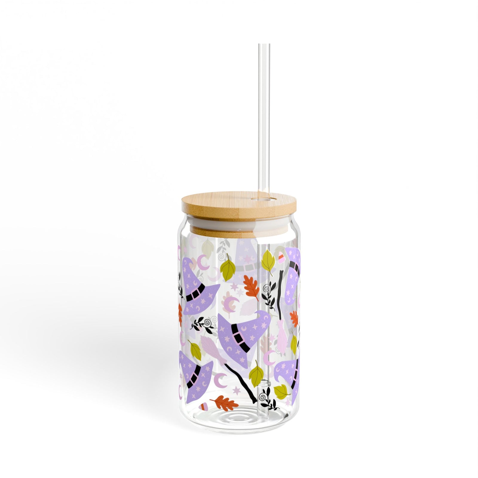 Witchy Lavender Witch Hat & Floral Fall Sipper Glass 16oz Reusable Drink Jar with Lid & Straw