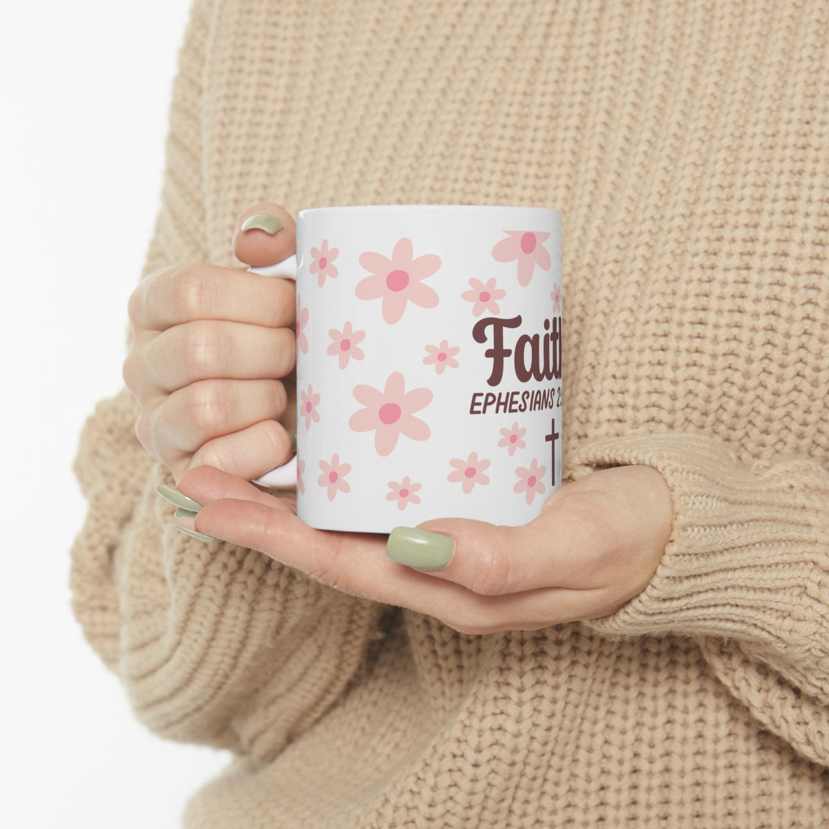 Faith Ephesians 2:8 Floral Ceramic Mug — Inspirational Christian Coffee Cup (11oz, 15oz)