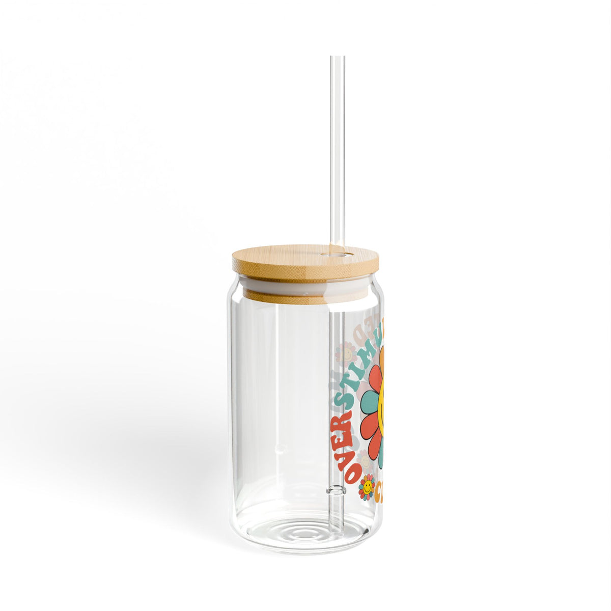 Smiley Flower Overstimulated Moms Club Sipper Glass 16oz Reusable Drink Jar with Lid & Straw