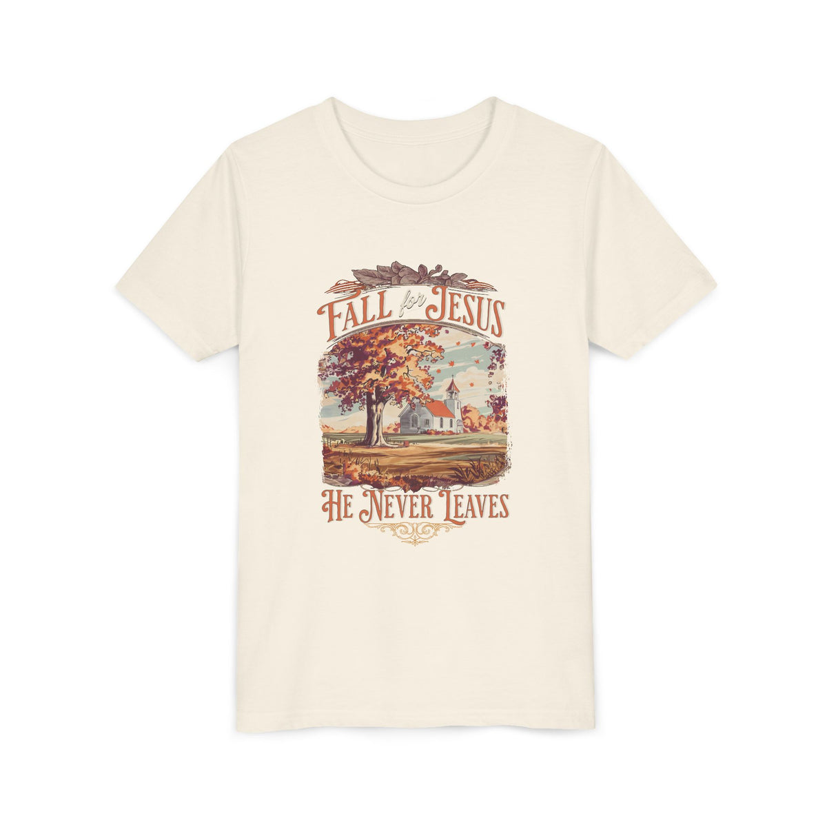 Fall for Jesus Kids T-Shirt He Never Leaves Youth Christian Graphic Tee