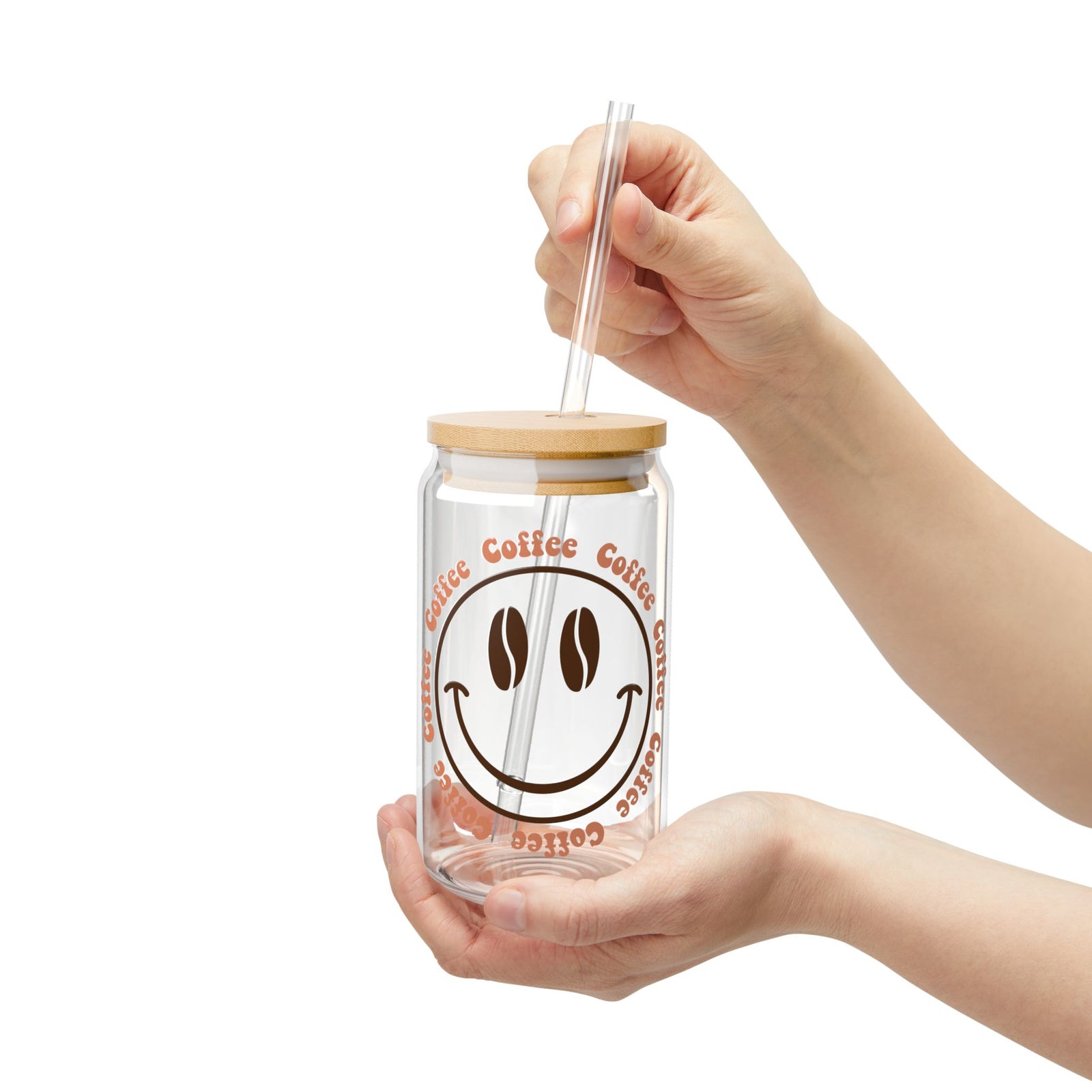 Coffee Coffee Smile Sipper Glass 16oz Reusable Drink Jar with Lid & Straw