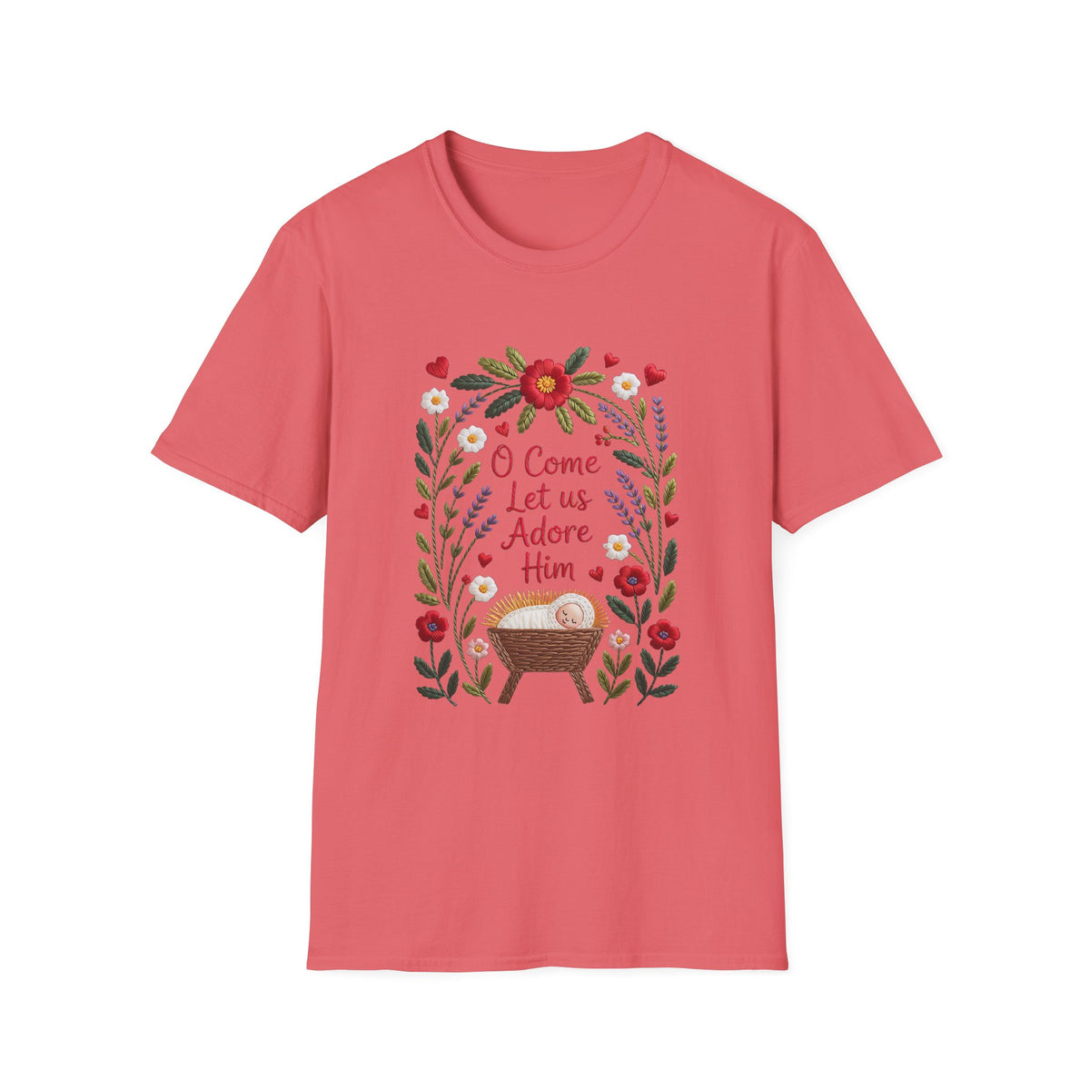 O Come Let Us Adore Him Christmas Tee Faux Embroidery Christian T-Shirt
