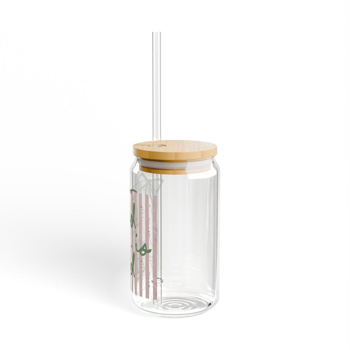God is Good Pink Stripe Sipper Glass 16oz Reusable Drink Jar with Lid & Straw