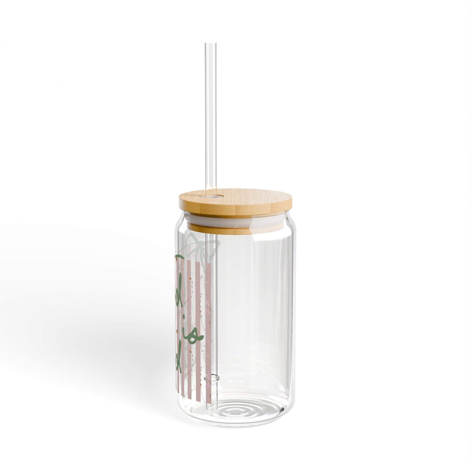 God is Good Pink Stripe Sipper Glass 16oz Reusable Drink Jar with Lid & Straw