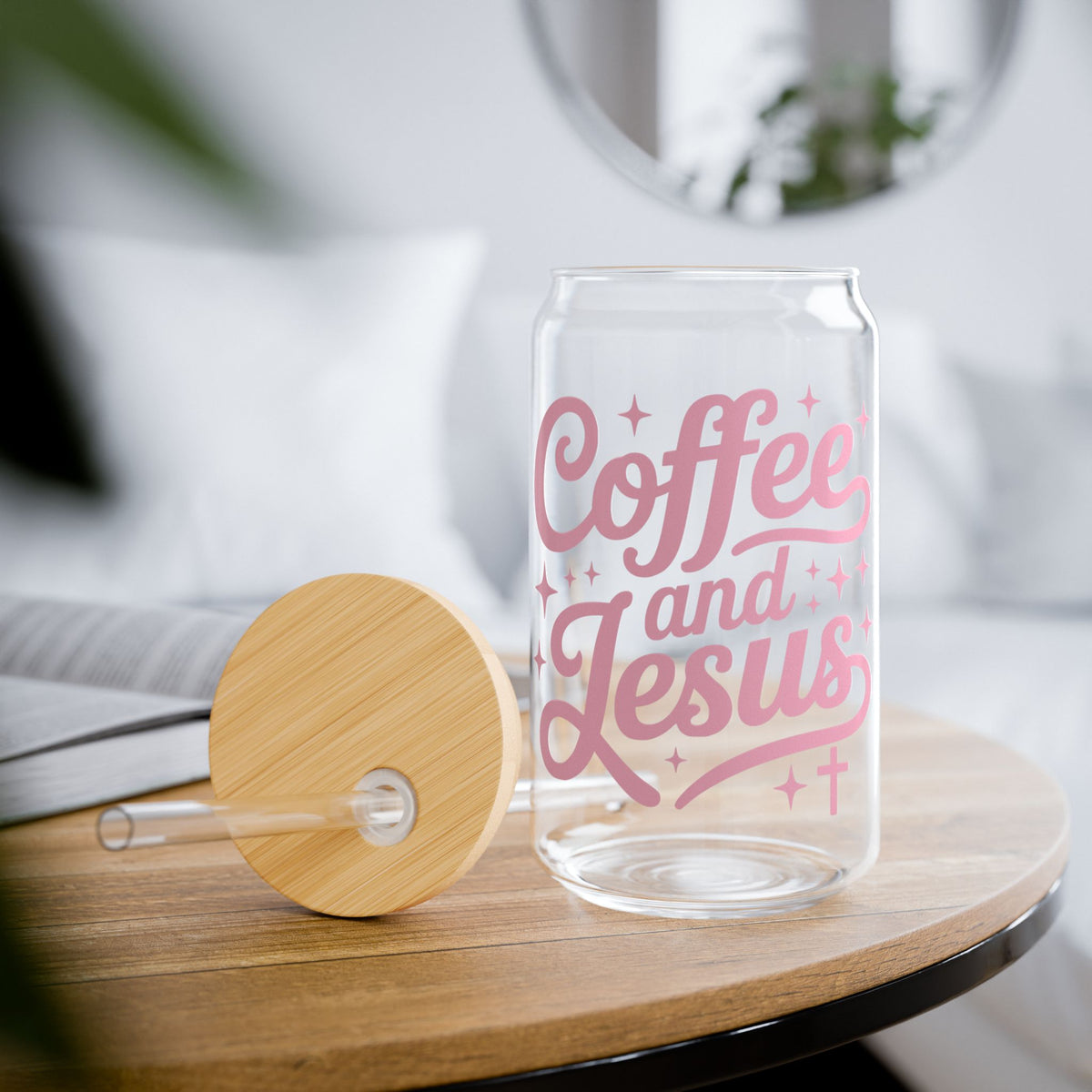 Coffee and Jesus Pink Script 16oz Sipper Glass Tumbler with Bamboo Lid & Straw - Sydney So Sweet