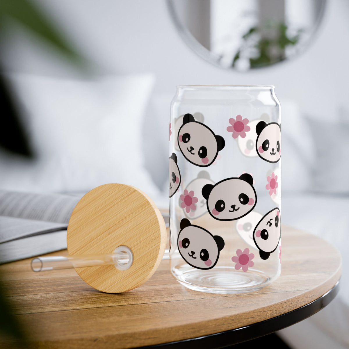 Panda Blossom Tumbler Sipper Glass 16oz — Reusable Drink Jar with Lid & Straw - Sydney So Sweet