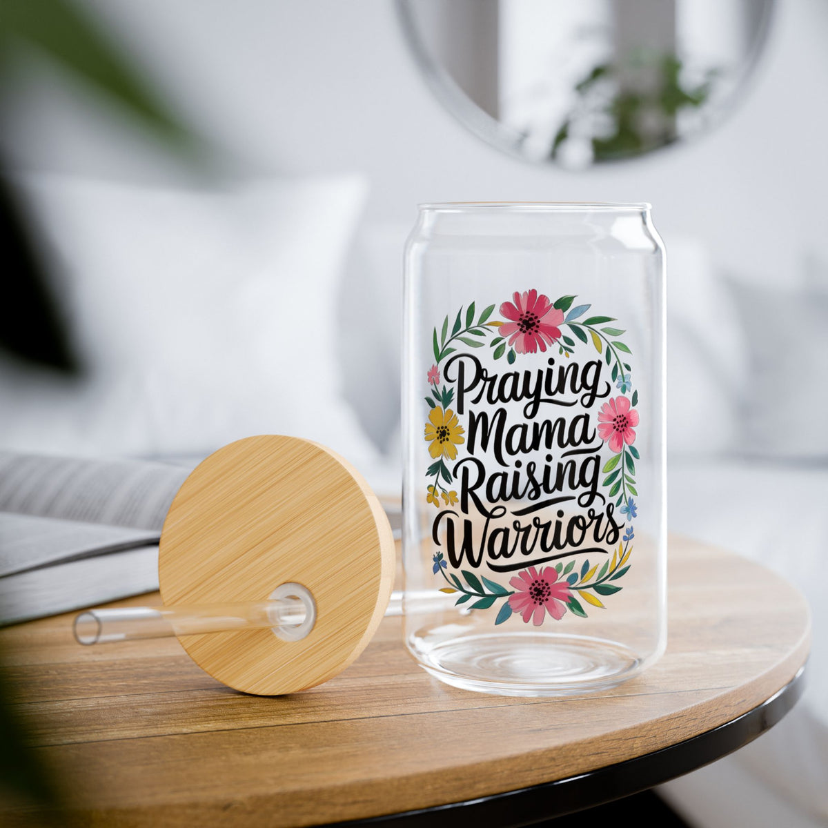 Praying Mama Raising Warriors Sipper Glass 16oz Reusable Drink Jar with Lid & Straw