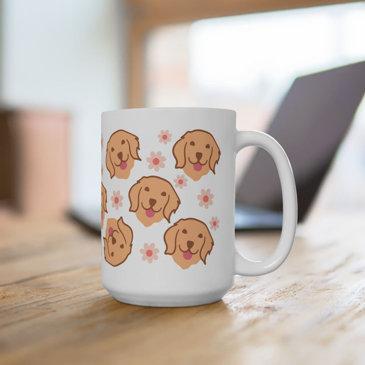 Golden Retriever Pattern Ceramic Mug — Cute Dog & Flowers Coffee Cup (11oz, 15oz)