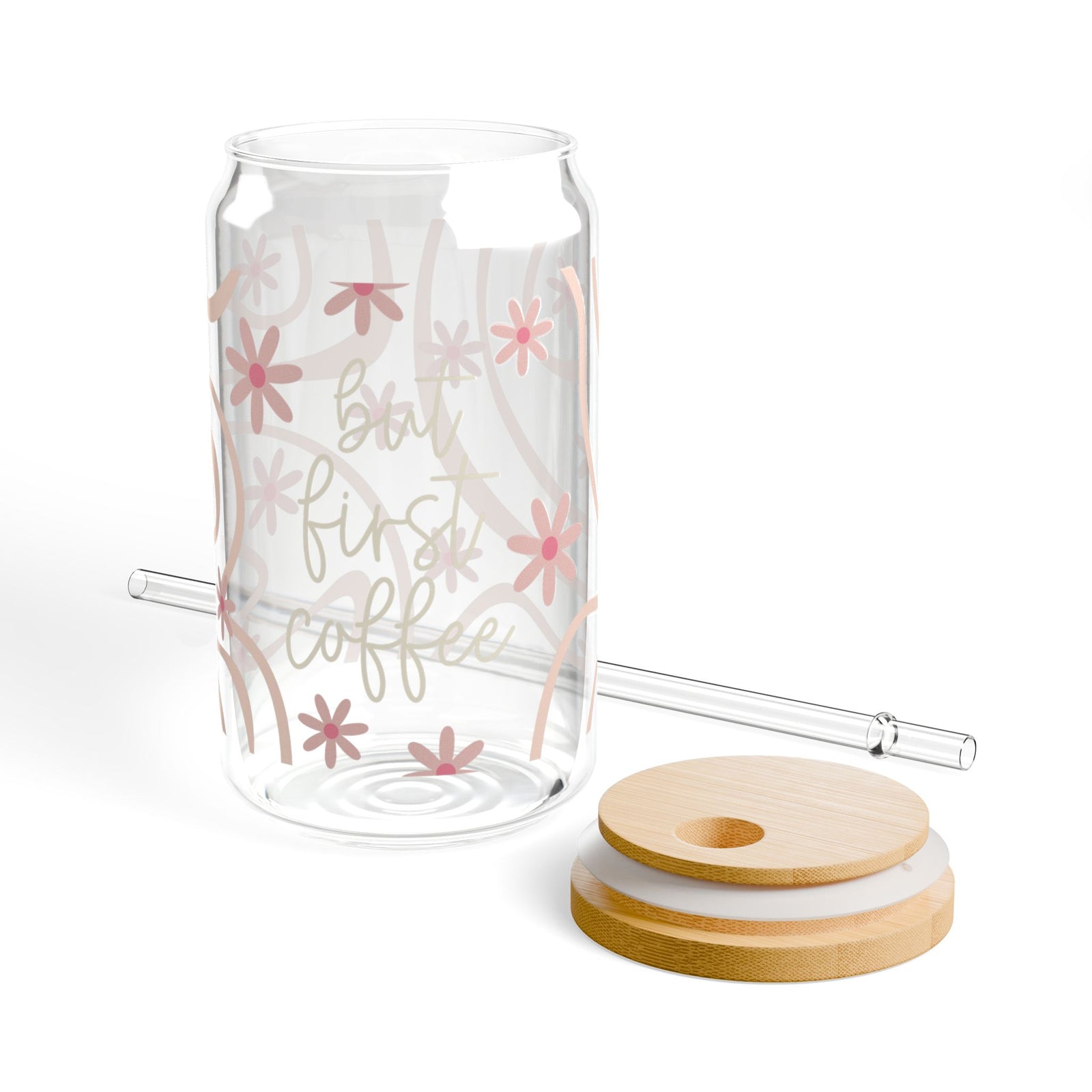 But First Coffee Tumbler Sipper Glass 16oz — Reusable Drink Jar with Lid & Straw - Sydney So Sweet