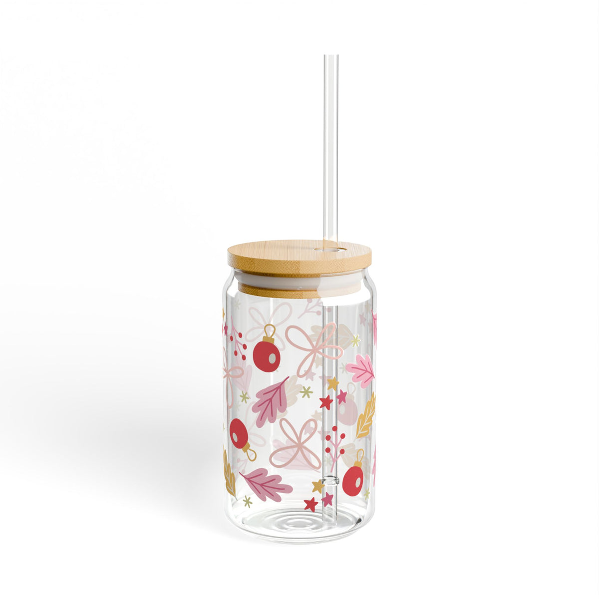 Cheerful Christmas Sipper Glass 16oz Reusable Drink Jar with Lid & Straw