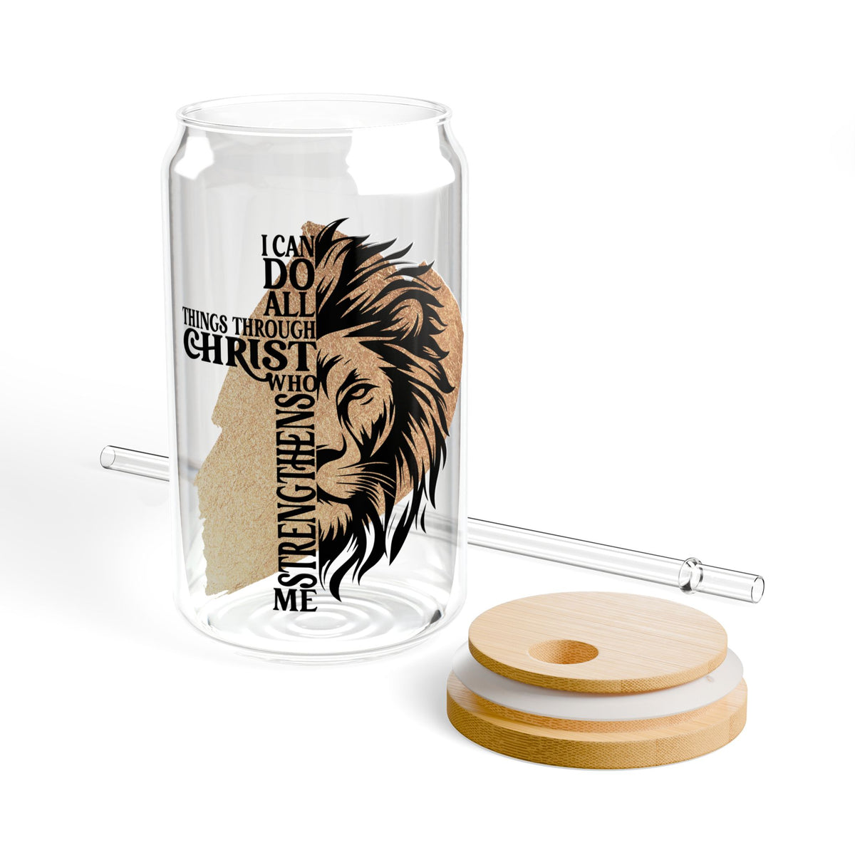 All Things Through Christ Christian Tumbler Sipper Glass 16oz — Reusable Drink Jar with Lid & Straw