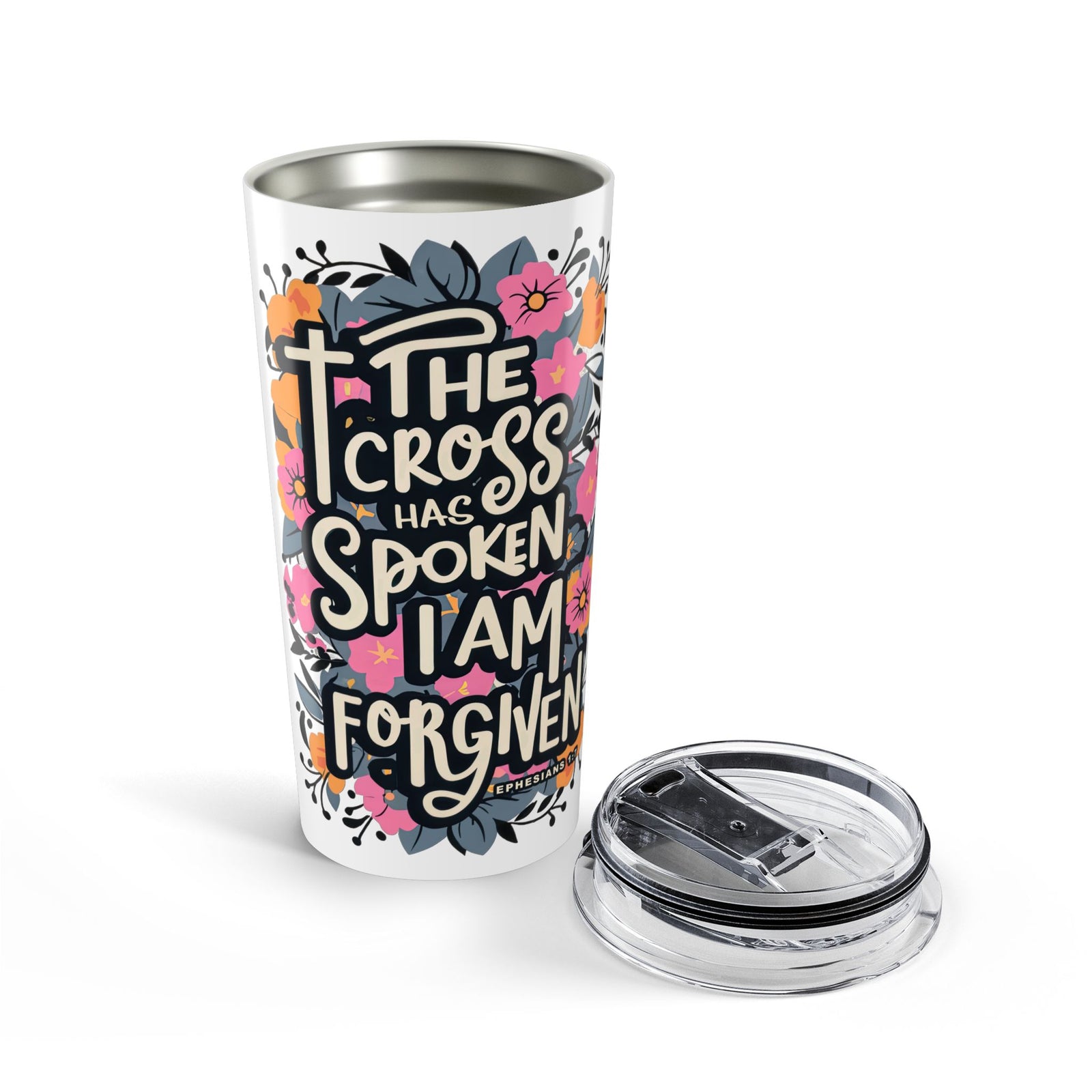 The Cross Has Spoken I Am Forgiven 20oz Tumbler Pink Script Insulated Travel Cup