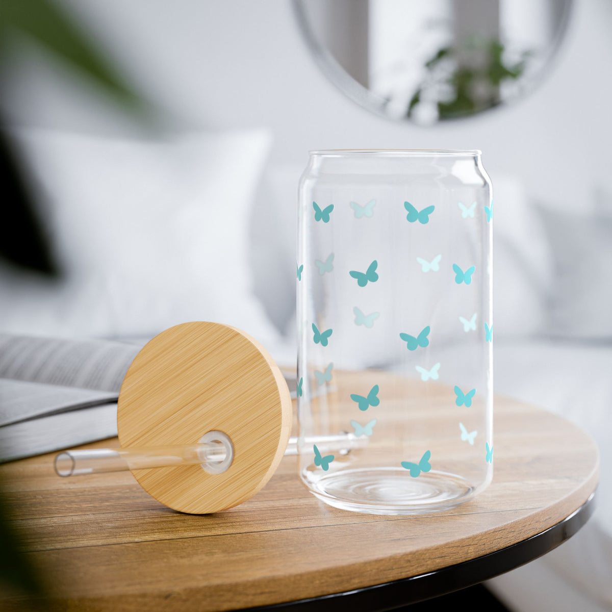 Mini Butterfly Turquoise Blue Sipper Glass 16oz — Reusable Drink Jar with Lid & Straw