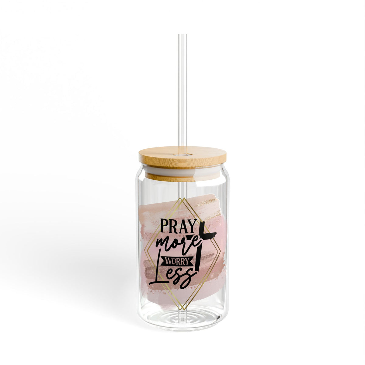 Pray More Worry Less Christian Tumbler Sipper Glass 16oz — Reusable Drink Jar with Lid & Straw