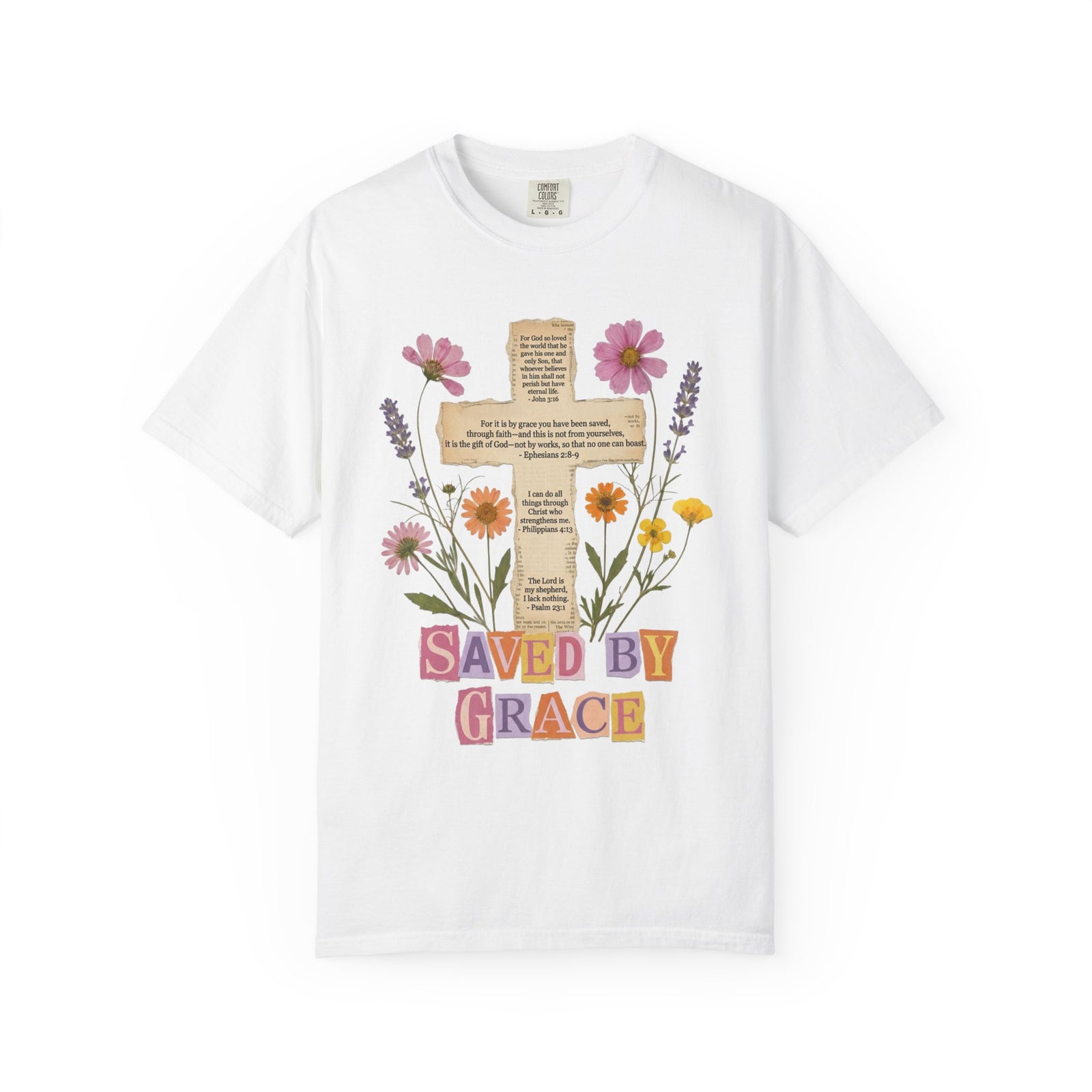 Saved by Grace Floral Cross T-Shirt Christian Faith Inspirational Graphic Tee