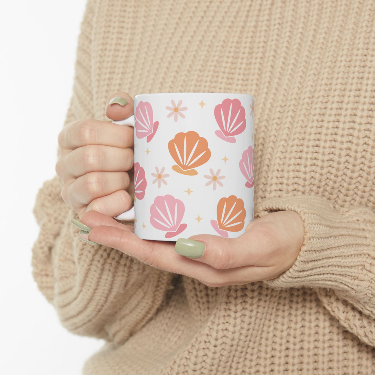 Sea Shell Pattern Ceramic Mug — Pink & Peach Seashell Coffee Cup (11oz/15oz)