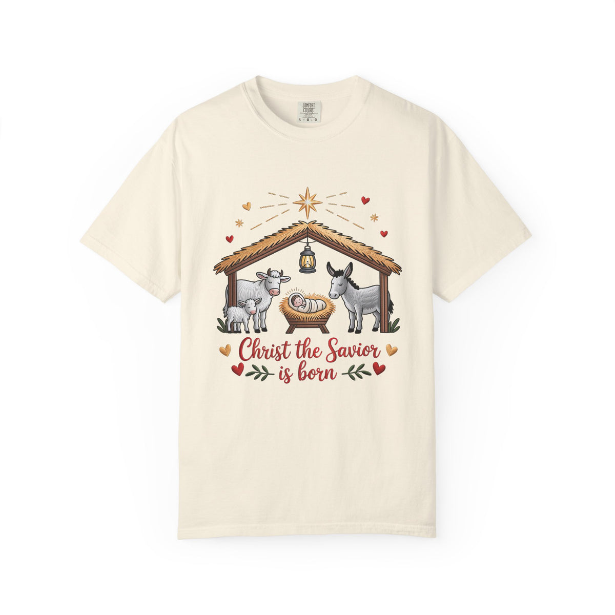 Christ the Savior is Born Faux Embroidery T-Shirt Nativity Scene Graphic Tee