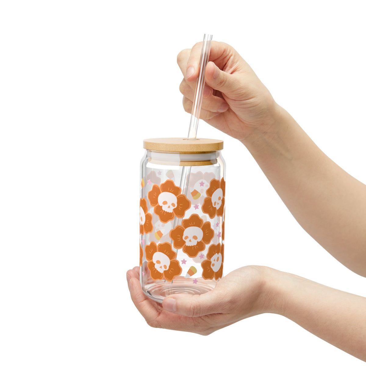 Spooky Skull Floral Halloween Sipper Glass 16oz Reusable Drink Jar with Lid & Straw