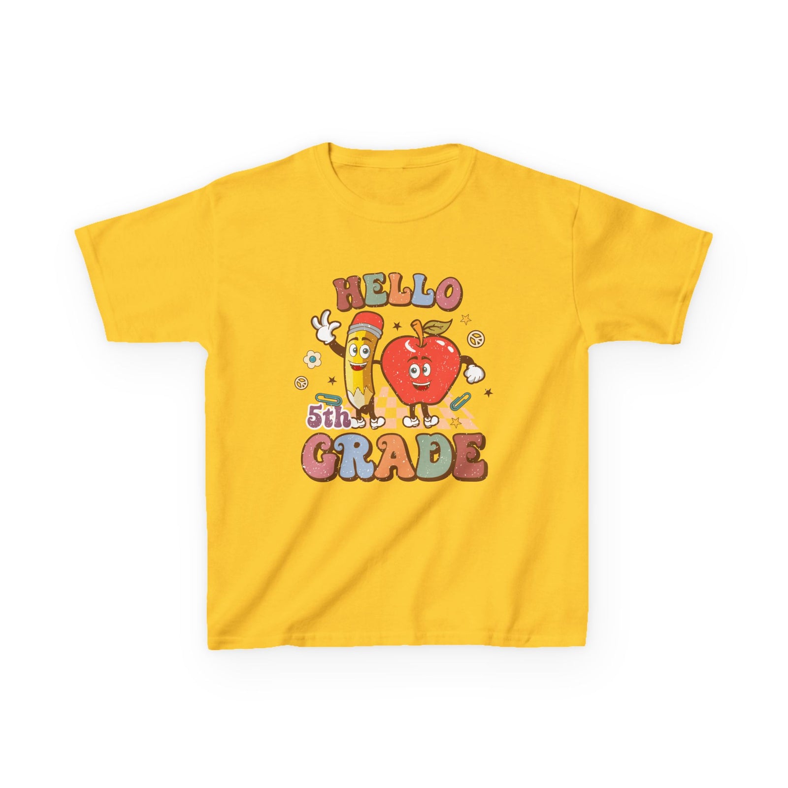 Hello 5th Grade Cute Apple & Pencil Graphic Tee Back-to-School Fifth Grade Kids T-Shirt