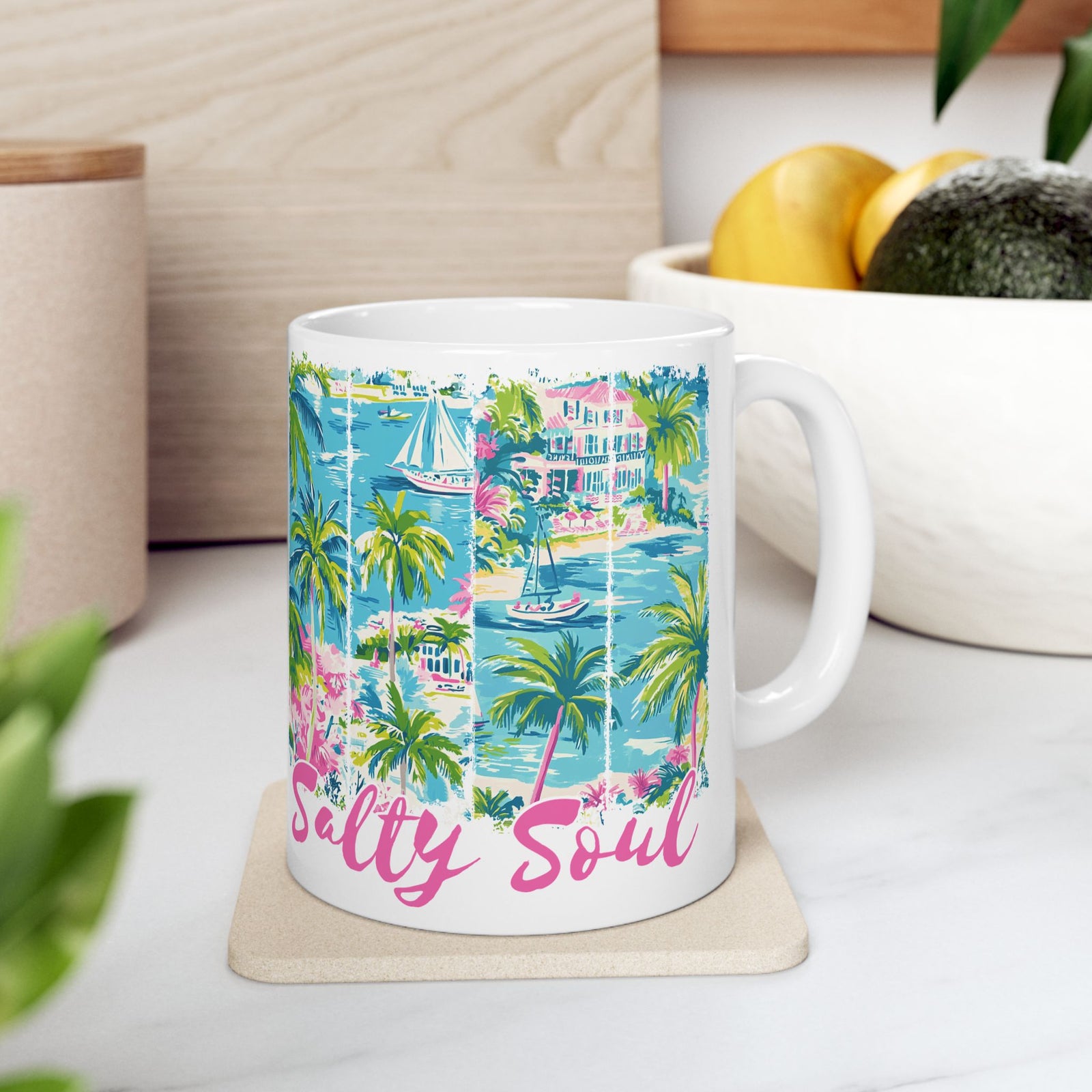 Salty Soul Beachy Palm Print Cute Ceramic Mug Coffee Cup (11oz & 15oz)