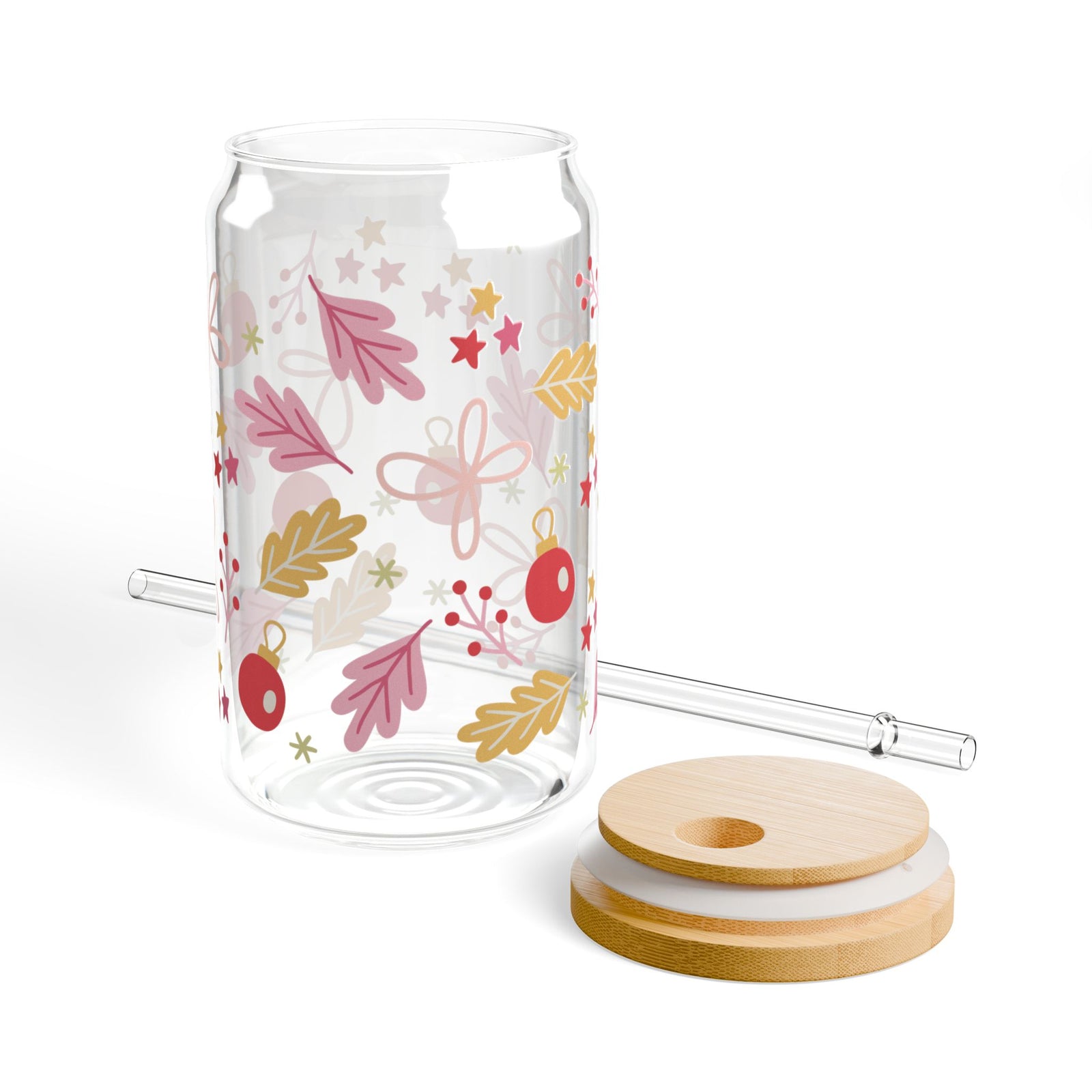 Cheerful Christmas Sipper Glass 16oz Reusable Drink Jar with Lid & Straw