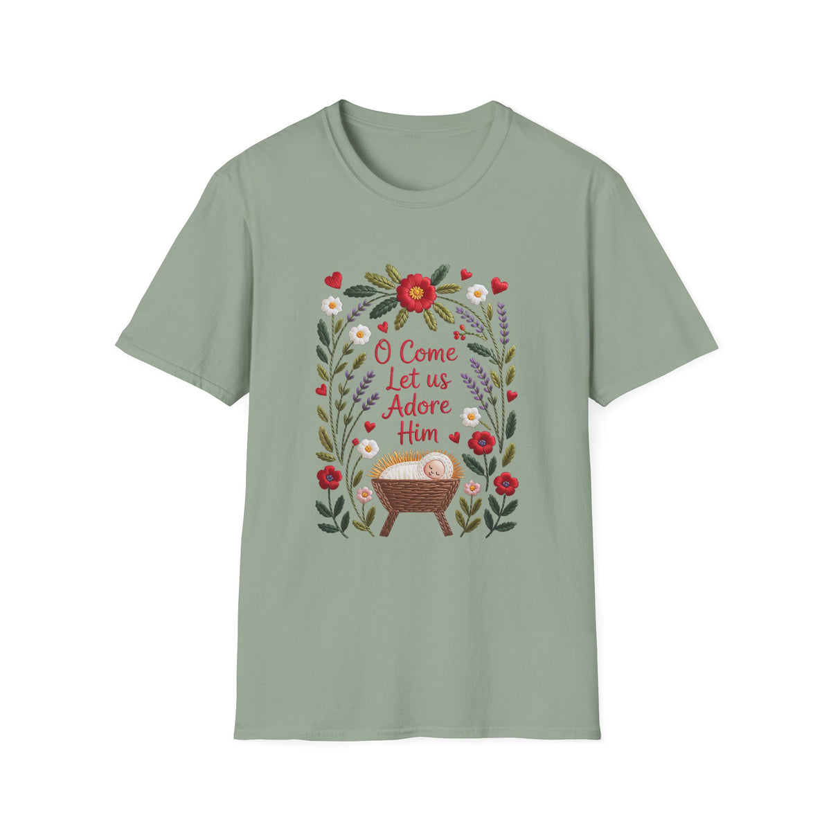 O Come Let Us Adore Him Christmas Tee Faux Embroidery Christian T-Shirt