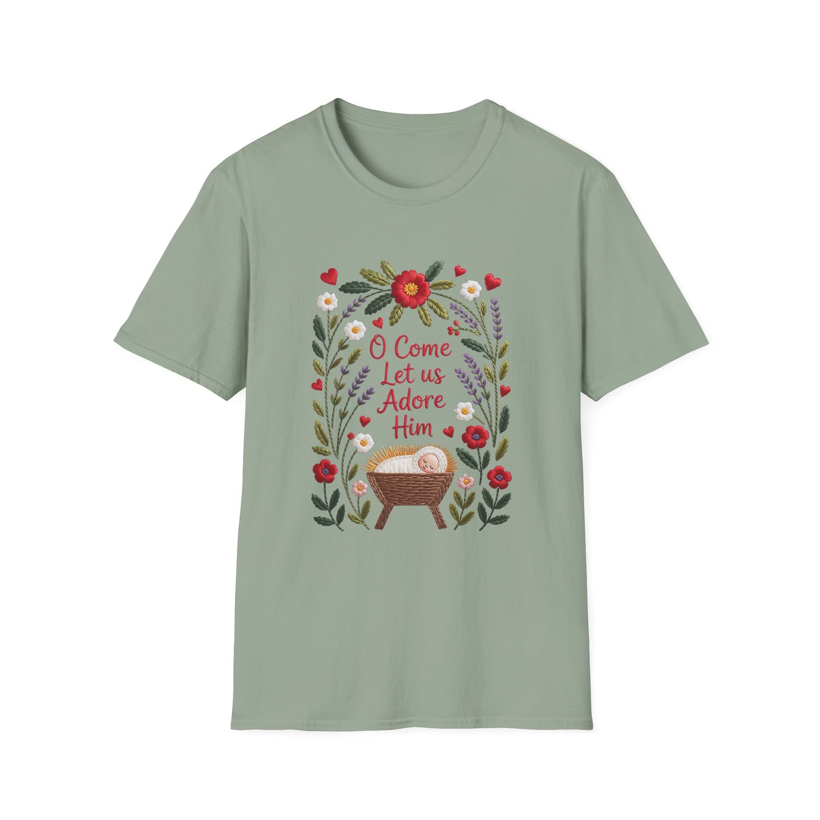 O Come Let Us Adore Him Christmas Tee Faux Embroidery Christian T-Shirt