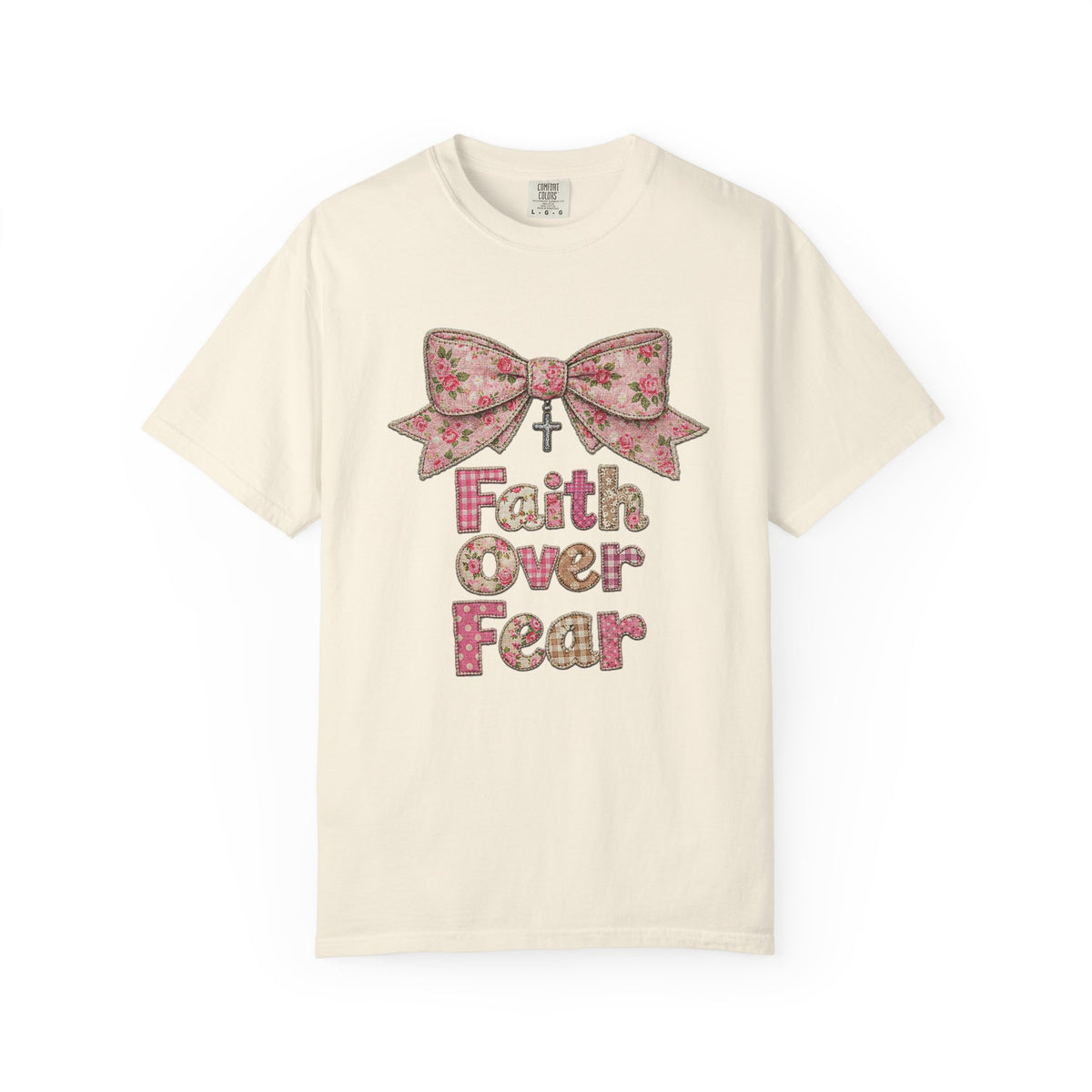 Faith Over Fear T‑Shirt Floral Faux Fabric Patch Bow Christian Tee
