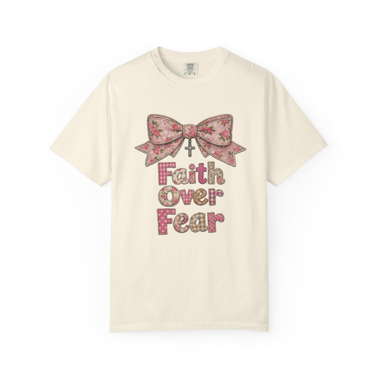 Faith Over Fear T‑Shirt Floral Faux Fabric Patch Bow Christian Tee