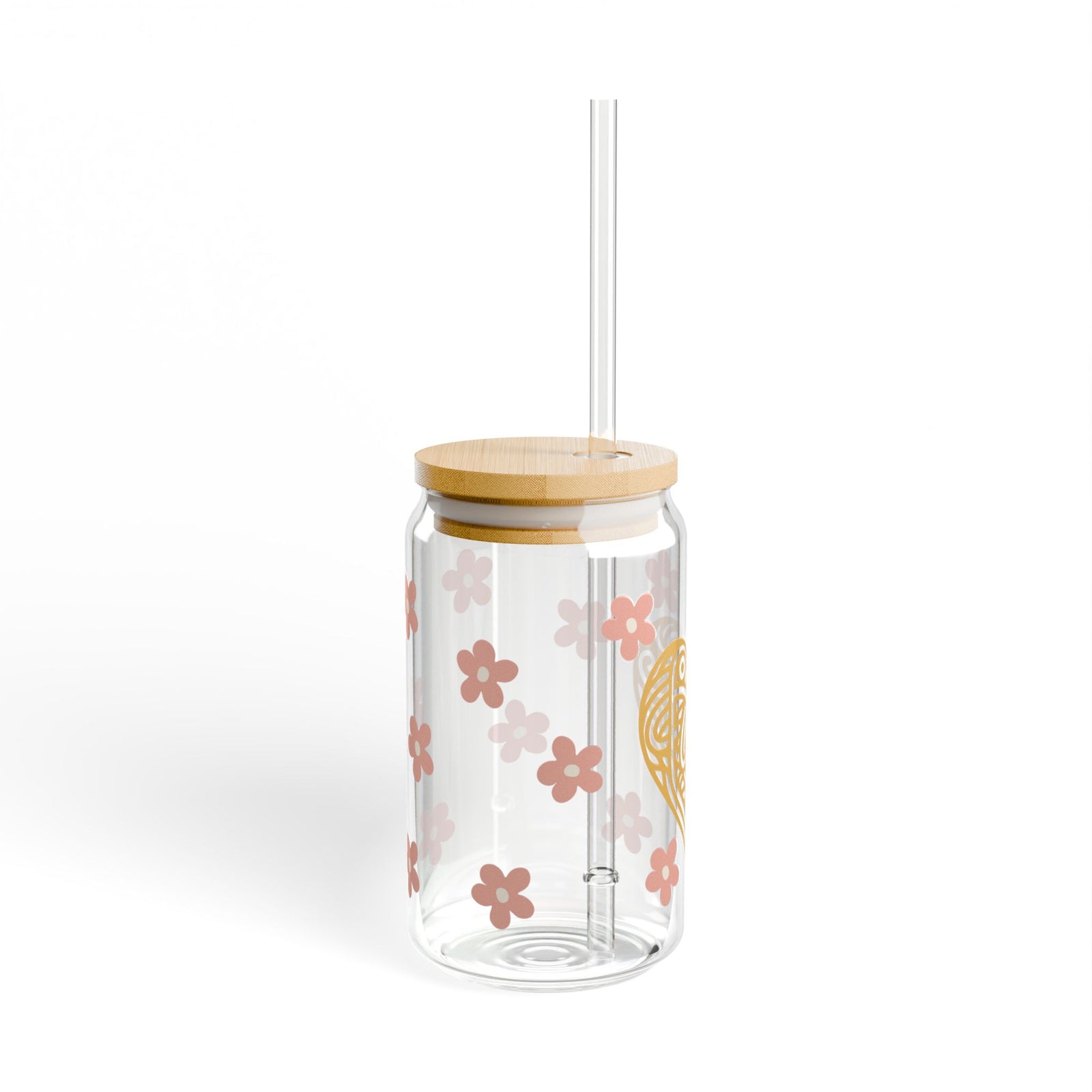 Faith Heart Floral Tumbler Sipper Glass 16oz — Reusable Drink Jar with Lid & Straw