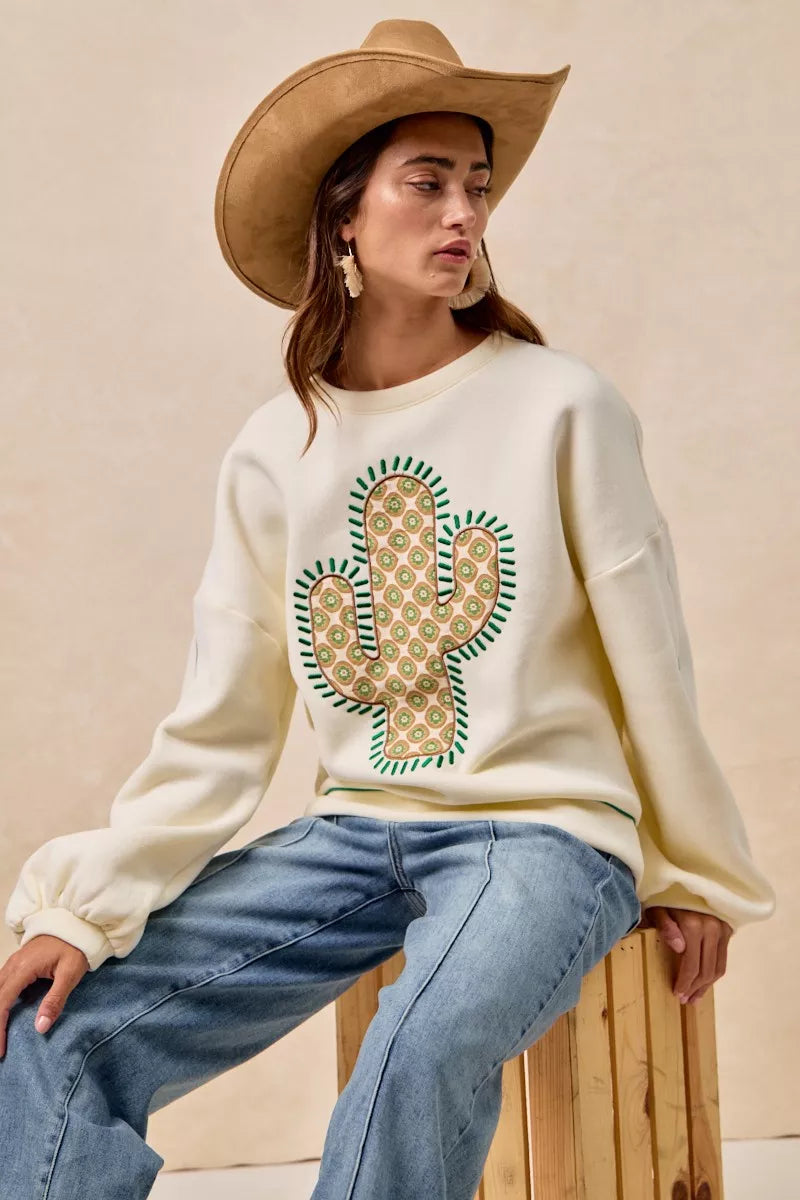 BiBi Cactus Embroidered Fleece Sweatshirt - Sydney So Sweet