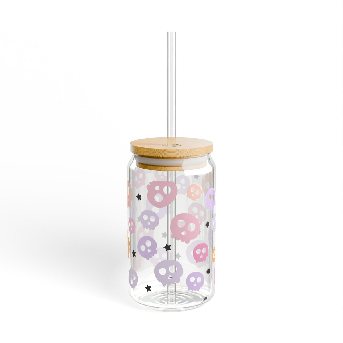 Spooky Pastel Skulls Halloween Sipper Glass 16oz Reusable Drink Jar with Lid & Straw