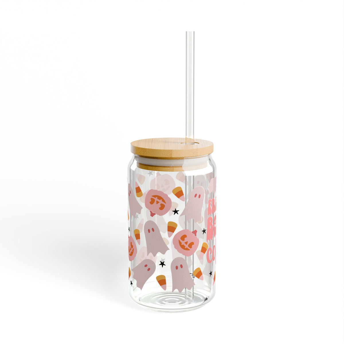 Freshly Boo'd Coffee"Cute Ghost & Candy Corn Sipper Glass 16oz Reusable Drink Jar with Lid & Straw