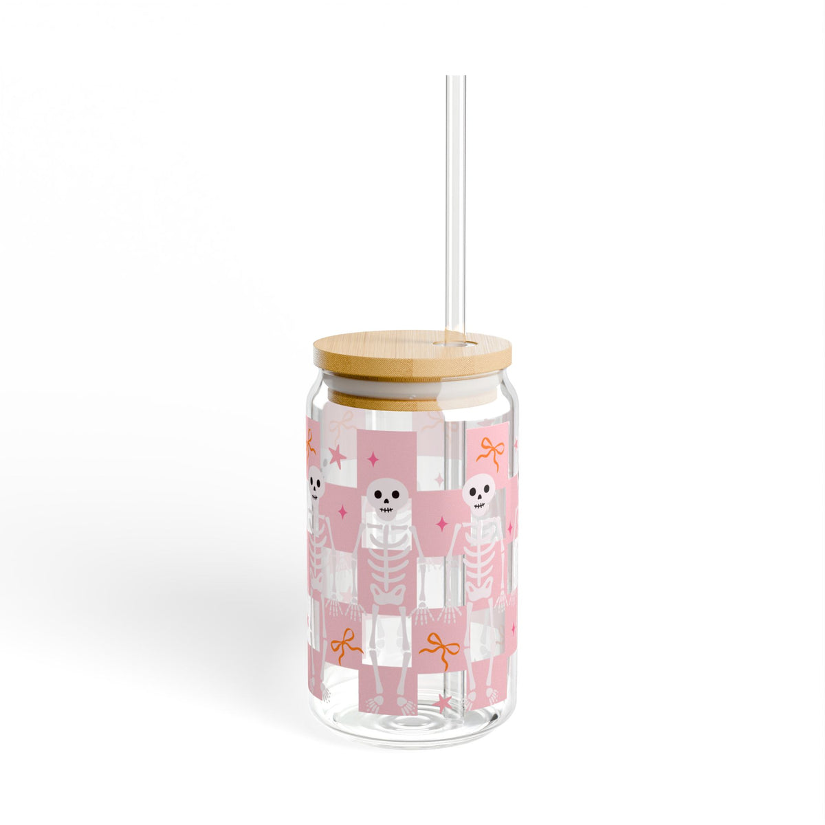 Pink Checker Skeleton & Bow Halloween Sipper Glass 16oz Reusable Drink Jar with Lid & Straw