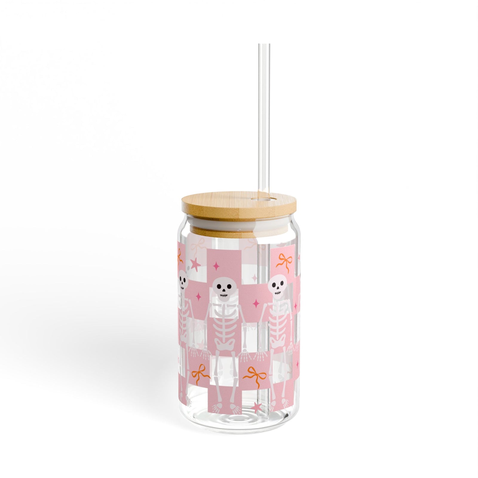 Pink Checker Skeleton & Bow Halloween Sipper Glass 16oz Reusable Drink Jar with Lid & Straw