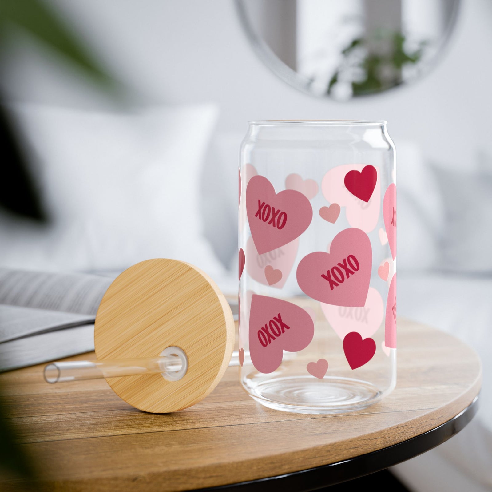 XOXO Hearts Tumbler Sipper Glass 16oz — Reusable Drink Jar with Lid & Straw - Sydney So Sweet