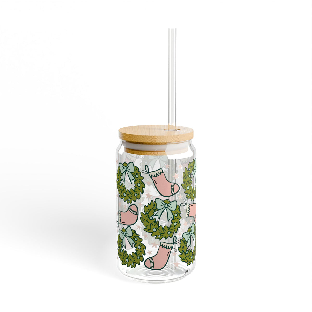 Holly Jolly Christmas Stockings Sipper Glass 16oz Reusable Drink Jar with Lid & Straw