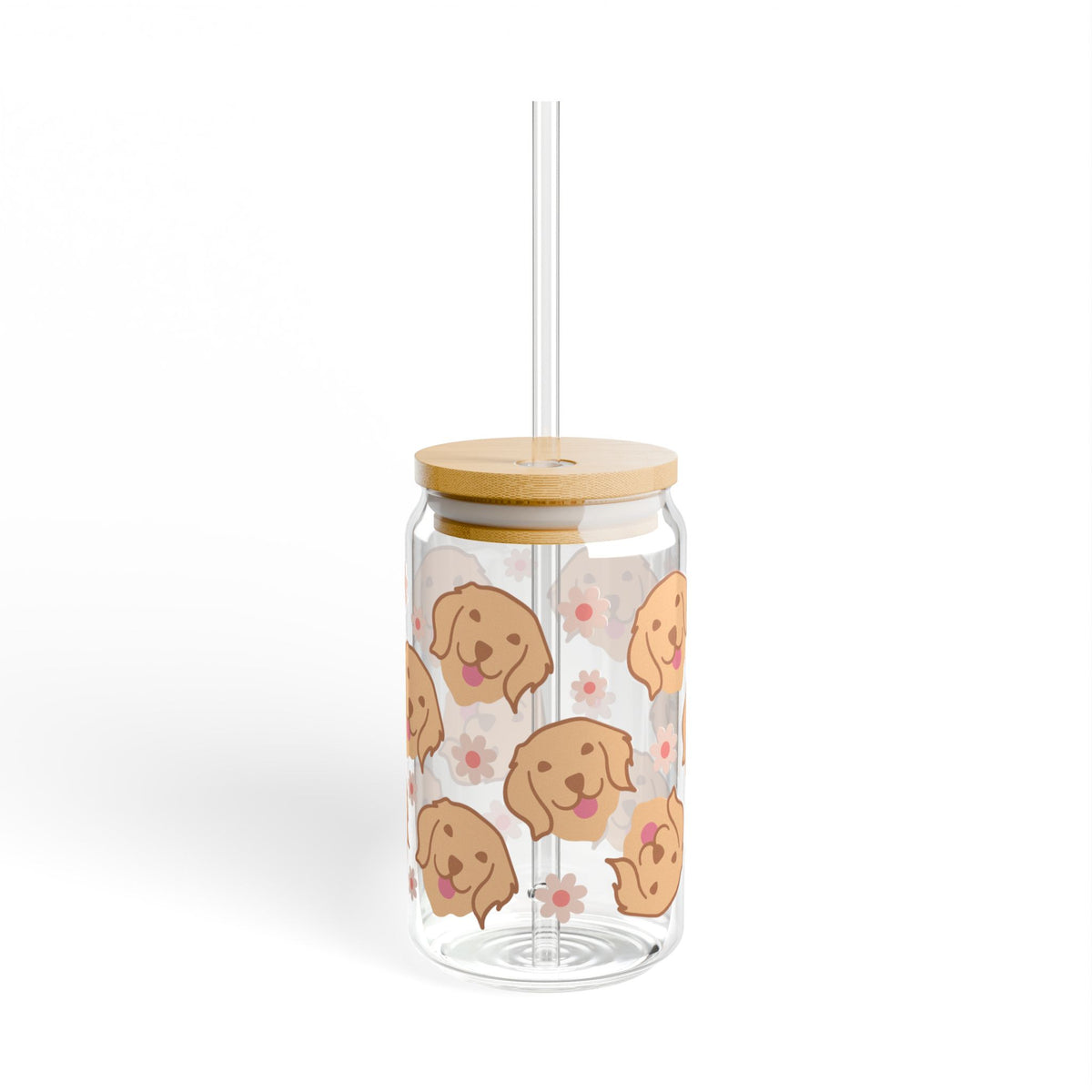 Cute Golden Retriever Sipper Glass 16oz — Reusable Drink Jar with Lid & Straw