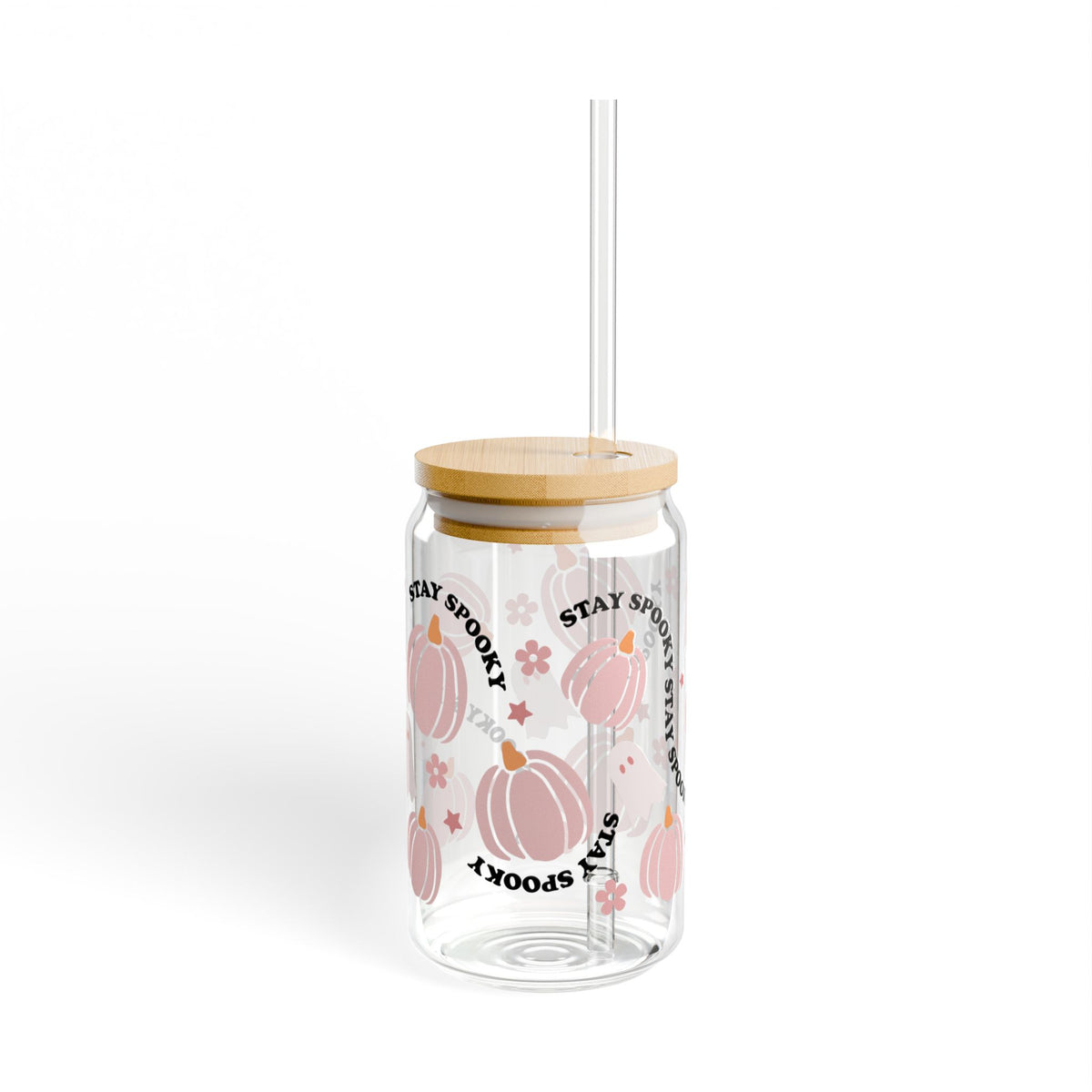 Stay Spooky Pink Pumpkin & Ghost Halloween Sipper Glass 16oz Reusable Drink Jar with Lid & Straw