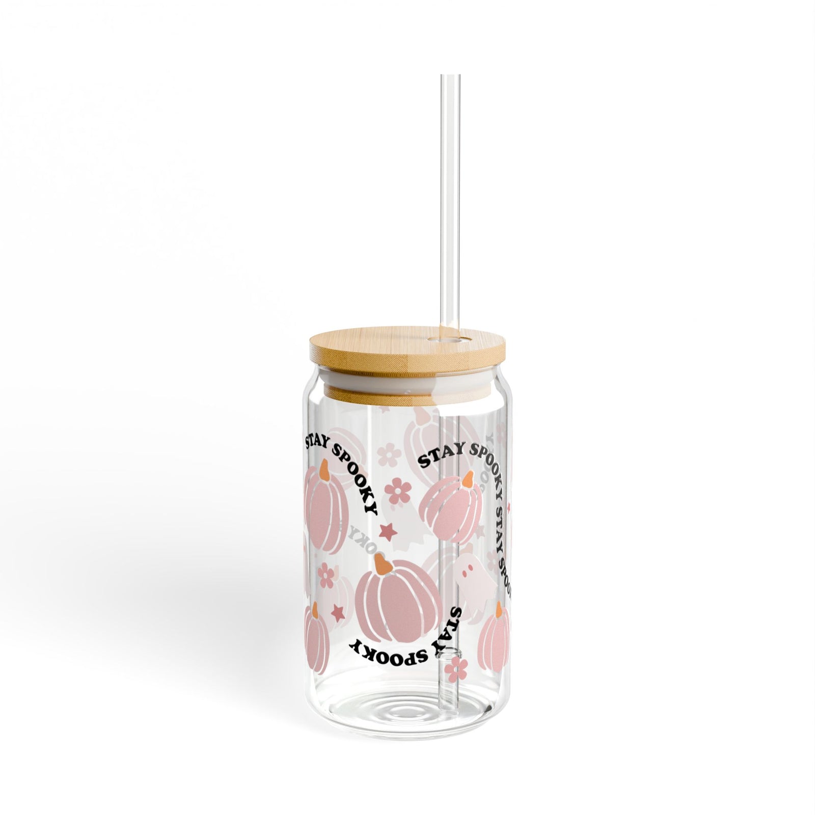 Stay Spooky Pink Pumpkin & Ghost Halloween Sipper Glass 16oz Reusable Drink Jar with Lid & Straw