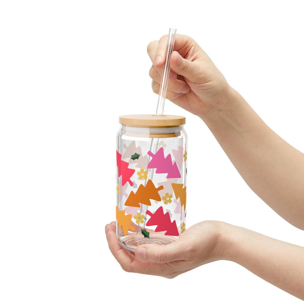 Groovy Christmas Holiday Sipper Glass 16oz Reusable Drink Jar with Lid & Straw